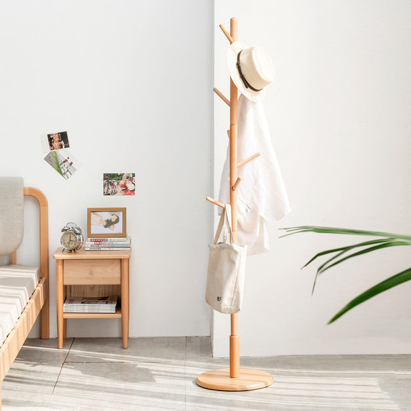Coat Rack, Wooden Coat Rack / Hat Rack Wall Freestanding with 4/8 Hooks, Easy Assemble Coat Rack Round Base Bracket for Clothes, Hats, Accessories, for Bedroom, Office, Hallway, Entrance