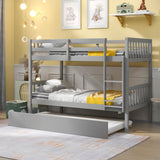 Twin Over Twin Bunk Beds with Trundle, Solid Wood Trundle Bed Frame with Safety Rail and Ladder, Kids/Teens Bedroom, Guest Room Furniture, Can Be converted into 2 Beds