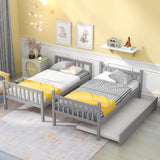 Twin Over Twin Bunk Beds with Trundle, Solid Wood Trundle Bed Frame with Safety Rail and Ladder, Kids/Teens Bedroom, Guest Room Furniture, Can Be converted into 2 Beds