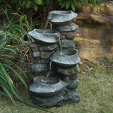 Grey Indoor Outdoor Stone Water Fountain, 4-Tier Polyresin Cascading Rock Bowl Freestanding Fountain with LED Light