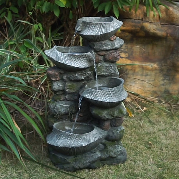 Grey Indoor Outdoor Stone Water Fountain, 4-Tier Polyresin Cascading Rock Bowl Freestanding Fountain with LED Light