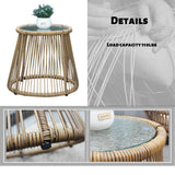 3PCS Outdoor Patio Balcony L Shape Natural Color PE Wicker Sofa Set with Beige Cushion,Round Tempered Glass Table and Furniture Cover