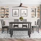 Dining Room Table and Chairs with Bench, Rustic Wood Dining Set, Set of 6