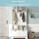 All in One Hall Tree with 3 Top Shelves and 2 Flip Shoe Storage Drawers, Wood Hallway Organizer with Storage Bench and Metal Hanging Hooks, White