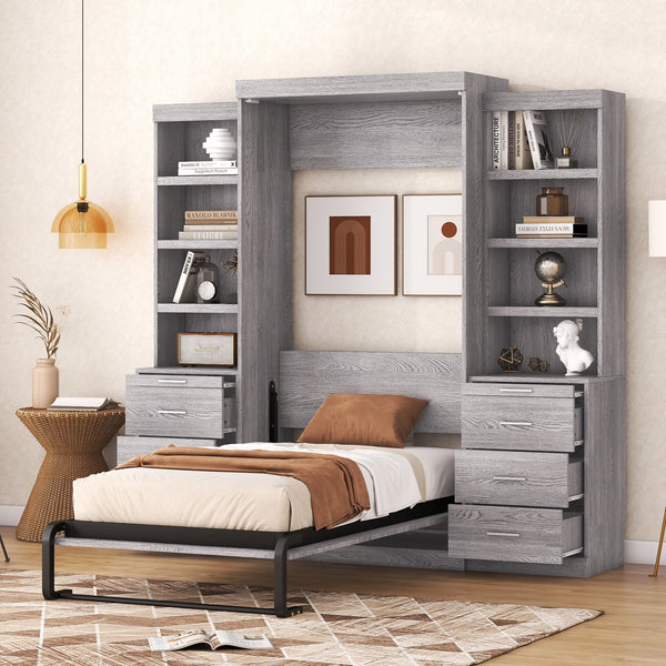 Twin Size Gray Murphy Bed with Storage Shelves and Drawers