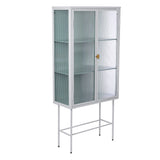 WHITE Tall Freestanding Display Cupboard Stylish Fluted Glass Storage Cabinet with Glass Doors Three Detachable Shelves Bottom Space for Office Dining Room Living Room Bedside Entryway
