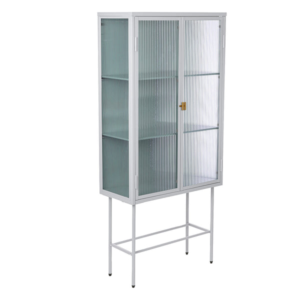 WHITE Tall Freestanding Display Cupboard Stylish Fluted Glass Storage Cabinet with Glass Doors Three Detachable Shelves Bottom Space for Office Dining Room Living Room Bedside Entryway