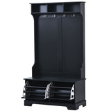 All in One Hall Tree with 3 Top Shelves and 2 Flip Shoe Storage Drawers, Wood Hallway Organizer with Storage Bench and Metal Hanging Hooks