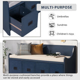 TREXM Movable Cushion Storage Bench with Drawers and Backrest for Entryway and Living Room（Antique Navy）