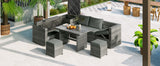 Outdoor 6-Piece Rattan Sofa Set, Garden Patio Wicker Sectional Furniture Set with Adjustable Seat, Storage Box, Removable Covers and Tempered Glass Top Table