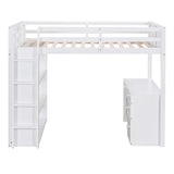 Twin Size Loft Bed with Ladder, Shelves, and Desk, White
