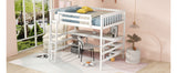 Full Size Loft Bed with Desk and Shelves Wooden Full Loft Bed, White