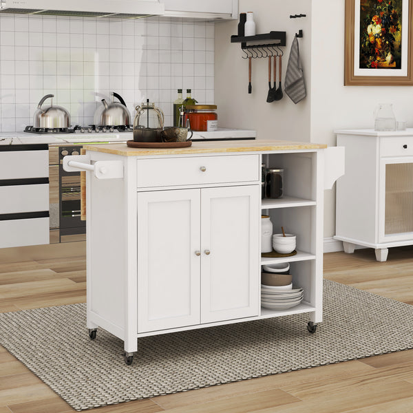 Double Door Kitchen Island with Lockable Wheels, Towel Rack, Storage Drawer and Three Open Shelves-White