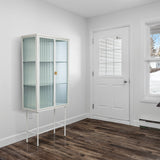 WHITE Tall Freestanding Display Cupboard Stylish Fluted Glass Storage Cabinet with Glass Doors Three Detachable Shelves Bottom Space for Office Dining Room Living Room Bedside Entryway