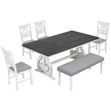 6-Piece Wooden Dining Table Set, Farmhouse Rectangular Dining Table, Four Chairs with Exquisitely Designed Hollow Chair Back and Bench for Home Dining Room
