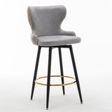 A&A Furniture,29" Modern Leathaire Fabric bar chairs,180° Swivel Bar Stool Chair for Kitchen,Tufted Gold Nailhead Trim Gold Decoration Bar Stools with Metal Legs,Set of 2 (Light Grey)