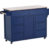 K&K Store Kitchen Cart with Rubber Wood Countertop , Kitchen Island has 8 Handle-Free Drawers Including a Flatware Organizer and 5 Wheels for Kitchen Dinning Room, Dark Blue