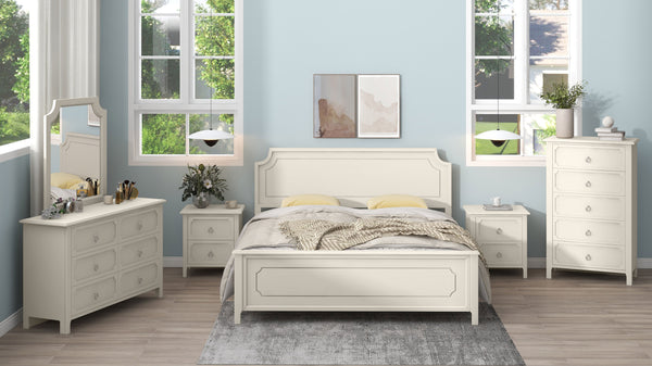 6 Pieces Bedroom Sets Milky White Solid Rubber Wood King Size Platform Bed with Nightstand*2, Chest, Mirror and Dresser