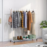 Garment Rack With Wheels;  Clothing Rack with Mesh Storage Shelf;  Capacity 100 lbs;  2 Brakes;  Sturdy Steel Frame;  White