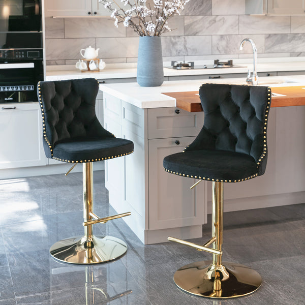 A&A Furniture,Golden Swivel Velvet Barstools Adjusatble Seat Height from 25-33 Inch, Modern Upholstered Bar Stools with Backs Comfortable Tufted for Home Pub and Kitchen Island（Black,Set of 2）