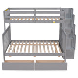 Twin Over Full Bunk Bed with 2 Drawers and Staircases