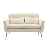 Beige Loveseat Small Sofa, With 2 Throw Pillows, Gold Metal Legs