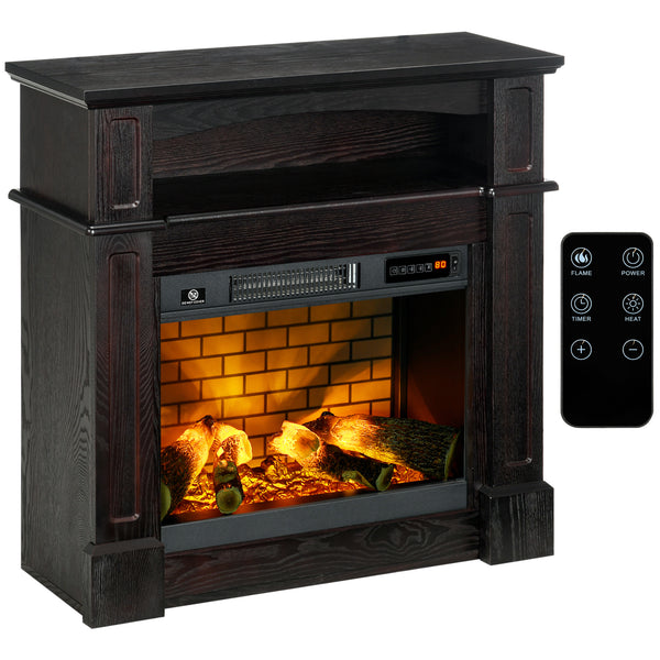 HOMCOM 32" Electric Fireplace with Mantel, Freestanding Heater with LED Log Flame, Shelf and Remote Control, 700W/1400W, Brown