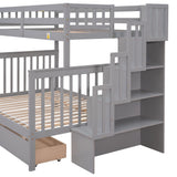 Twin Over Full Bunk Bed with 2 Drawers and Staircases