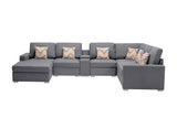 Gray Linen Fabric 7Pc Reversible Chaise Sectional Sofa with a USB, Charging Ports, Cupholders, Storage Console Table and Pillows and Interchangeable Legs