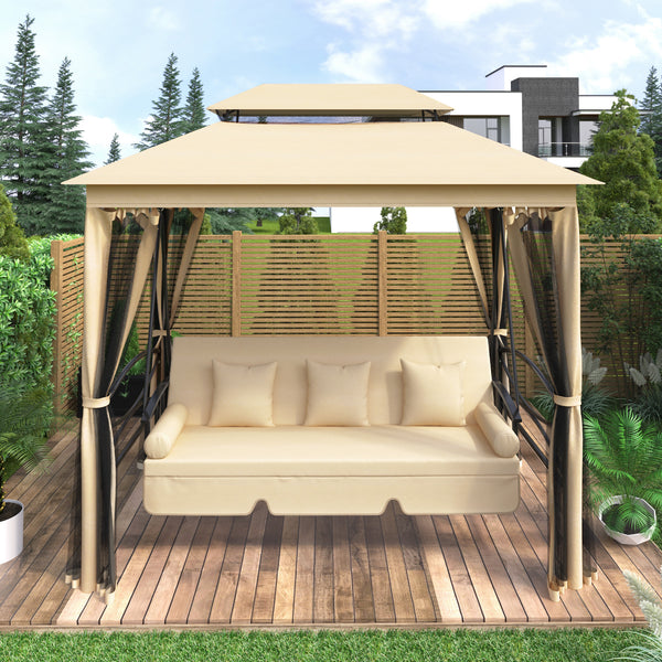 Khaki Outdoor Gazebo with Convertible Swing Bench, Double Roof Soft Canopy