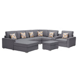 Gray Linen Fabric 8Pc Reversible Chaise Sectional Sofa with Interchangeable Legs, Pillows, Storage Ottoman, and a USB, Charging Ports, Cupholders, Storage Console Table