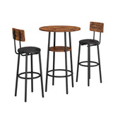 Double Layer Round Bar Table with 2 Bar Stools PU Soft Seat Back Breakfast table - Rustic Brown