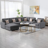 Gray Linen Fabric 7Pc Reversible Chaise Sectional Sofa with a USB, Charging Ports, Cupholders, Storage Console Table and Pillows and Interchangeable Legs