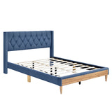 Upholstered Platform Bed with Rubber Wood Legs,No Box Spring Needed, Linen Fabric,Full Size-Blue