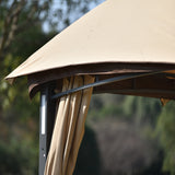 Outdoor Double Vents Gazebo Patio Metal Canopy with Screen and LED Lights for Backyard, Poolside, Brown
