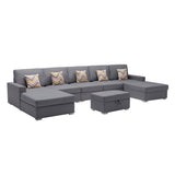 Gray Linen Fabric 6Pc Double Chaise Sectional Sofa with Interchangeable Legs, Storage Ottoman, and Pillows