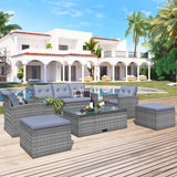 Wicker PE rattan Patio Outdoor Dining Conversation Sectional Set with coffee table, wicker sofas, ottomans,  removable cushions (Dark grey wicker, Light grey cushion)