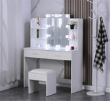 Large Vanity Desk with Mirror and Lights, Makeup Vanity Table with 10 Light Bulbs, 2 Drawers, 6 Storage Shelves & Cushioned Stool, Makeup Vanity with Lights for Bedroom, White
