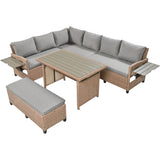 5-Piece Outdoor Patio Rattan Sofa Set, Sectional PE Wicker L-Shaped Garden Furniture Set with 2 Extendable Side Tables, Dining Table and Washable Covers for Backyard, Poolside, Indoor