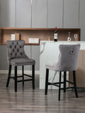 Contemporary Velvet Upholstered Barstools with Button Tufted Decoration and Wooden Legs, and Chrome Nailhead Trim, Leisure Style Bar