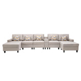 Beige Linen Fabric 6Pc Double Chaise Sectional Sofa with Interchangeable Legs, a USB, Charging Ports, Cupholders, Storage Console Table and Pillows