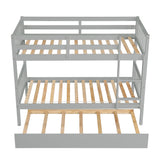 Twin Over Twin Bunk Beds with Trundle, Solid Wood Trundle Bed Frame with Safety Rail and Ladder, Kids/Teens Bedroom, Guest Room Furniture, Can Be converted into 2 Beds