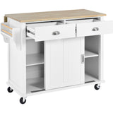 White Kitchen Island Cart with Rubber wood Drop-Leaf Countertop, adjustable height