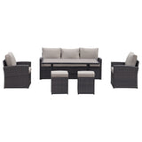 6-Piece Outdoor PE Rattan Sofa Set Patio Garden Wicker Dining and Coffee Sofa-Dark Brown