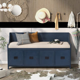 TREXM Movable Cushion Storage Bench with Drawers and Backrest for Entryway and Living Room（Antique Navy）