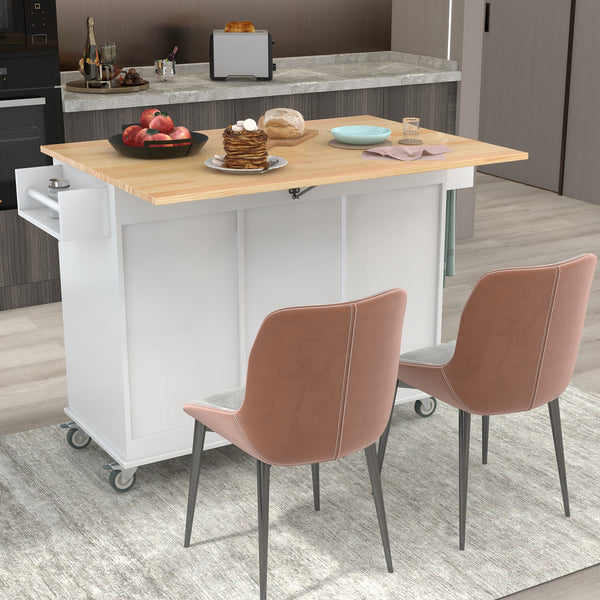 White Rolling Mobile Kitchen Island with Solid Wood Top
