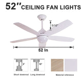 52 Inch White Ceiling Fan with Noiseless DC Motor and LED Lights Remote Control, 6 wind speeds