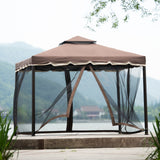 Outdoor Iron Vented Dome Top Patio Gazebo with Netting for Backyard, Poolside and Deck, Brown