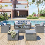 Wicker PE rattan Patio Outdoor Dining Conversation Sectional Set with coffee table, wicker sofas, ottomans,  removable cushions (Dark grey wicker, Light grey cushion)