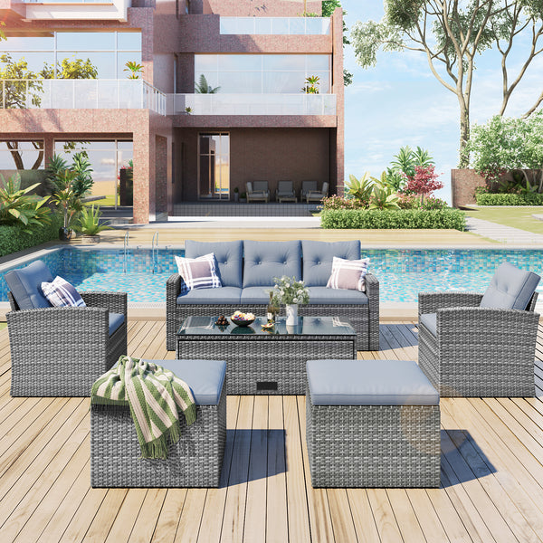 Wicker PE rattan Patio Outdoor Dining Conversation Sectional Set with coffee table, wicker sofas, ottomans,  removable cushions (Dark grey wicker, Light grey cushion)